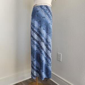Vintage 90s Blue Floral Striped Maxi Skirt Pull On Side Hem Split M